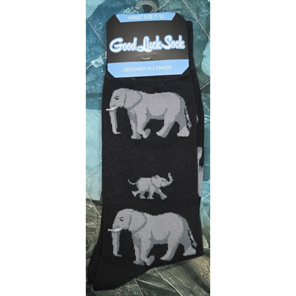 Good Luck Sock Men Elephant Family Novelty Crew Socks Black Gray Shoe Size 7-12